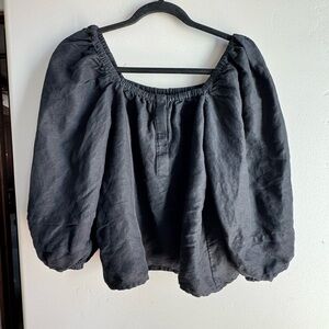 Heidi Merrick Black Linen Puff Sleeve Peasant Blouse Cottagecore Slow Fashion